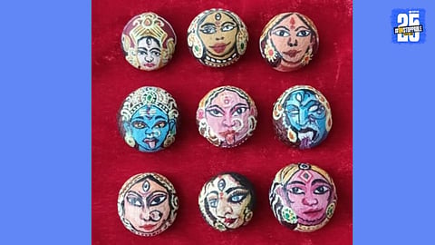 Retired Art Teacher Creates Durgas Nine Forms on Betel Leaf