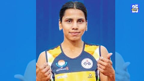 Maharashtra’s Sudeshna Shivanakar celebrates her golden hat-trick in the 100m sprint at the Telangana National Athletics Championship.