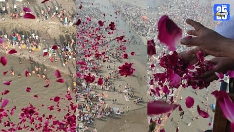 Yogi Adityanath Showers Devotees with Rose Petals from Helicopter