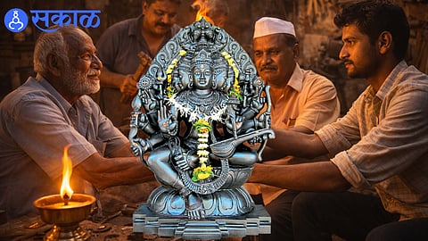 Devotees gather at Vishwakarma Temple in Belagavi during Vishwakarma Jayanti celebrations.