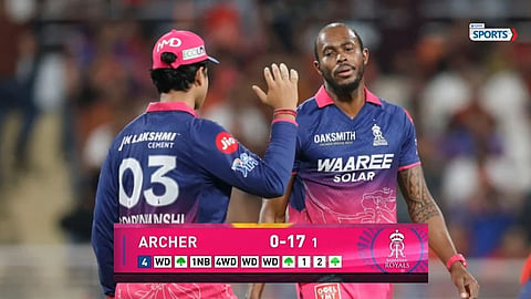 Jofra Archer reacts after an expensive 11-ball opening over against Gujarat Titans