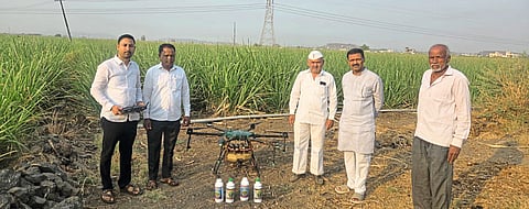 मावळात अडीचशे एकर ऊस क्षेत्रावर ड्रोन फवारणी