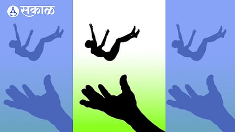 man catch girl in hand falling on building image