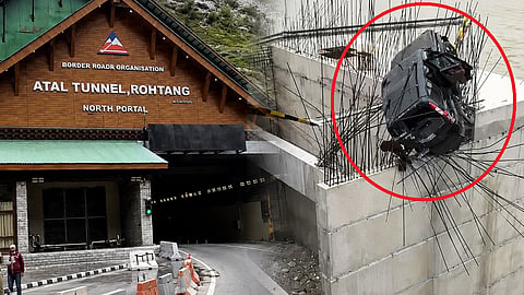 Atal Tunnel Crash: Scorpio Stuck on River Pillar