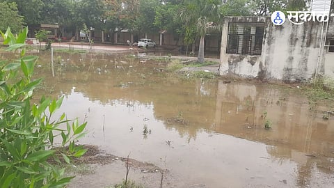 The Agar Kanadgaon ZP School campus was flooded after the first monsoon rain, raising concerns over student safety and health.
