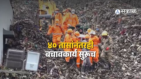 Rescue teams using heavy machinery to clear massive garbage debris