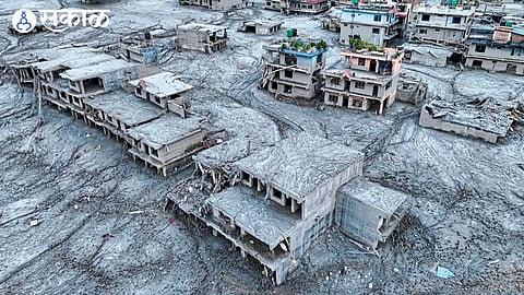 An aerial photograph taken on Saturday showing houses buried in mud at Devighat in Nuwakot district following the floods in Nepal