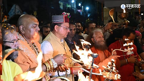 Pushkar Singh Dhami participates in the Yamuna Aarti amid 2,100 diyas at Haripur Kalsi.