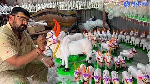 Potters in Ambegaon taluka speed up the making of clay bull pairs for Bail Pola festival.