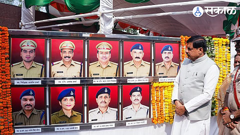 Madhya Pradesh Chief Minister Mohan Yadav pays tribute to police personnel who died in the line of duty during a Police Commemoration Day event in Bhopal.