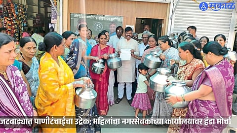 Women from Jatwada protest outside corporator Ashok Hivrale’s office, demanding a reliable water supply.
