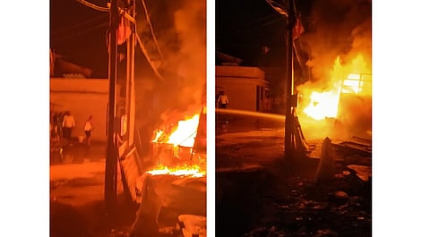 An old washing machine caught fire in an open space in Lohianagar in the morning