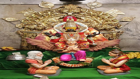 navratri On the second day a pooja  performed for Shri Ambabai a resident of Karveer  in the form of Mahavishnu