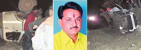 अपघात एवढा जबरदस्त होता की आ. रायमूलकर यांची कार तीन वेळा पलटी झाली.अपघाग्रस्त कार व 407 वाहन. 