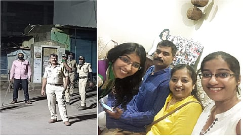 अंबड : संचारबंदीच्या काळात शहरात पाहणी करताना पोलिस निरीक्षक अनिरुद्ध नांदेडकर. दुसऱ्या छायाचित्रात पत्नी शिल्पा, मुली आरोही व शर्वरी यांच्यासोबत श्री.नांदेडकर.
