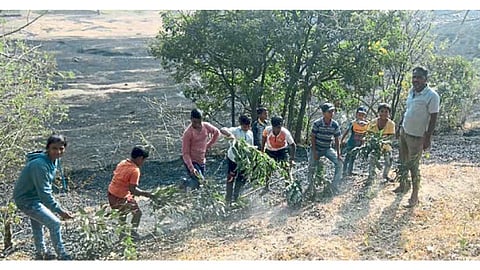 गोकवडी (ता. भोर) ः वणवा विझविताना मुले व ग्रामस्थ.