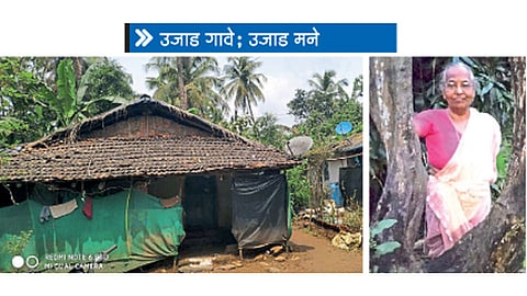 घोटगेवाडी - येथील जांबोटकर कुटुंबीयांची तिलारी नदीकाठची घरे. दुसऱ्या छायाचित्रात लग्नानंतरच्या साठ वर्षांत असा पूर पाहिला नाही असे सांगणाऱ्या राधाबाई जांबोटकर.