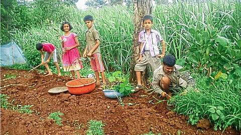 कोगे येथील मोरे कुटुंबीयांच्या शेतातील छोट्याछोट्या कामात हातभार लावणारे व लहान वयातच शेतीचे प्रत्यक्ष धडे घेणारे मुले.