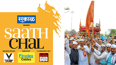 निगडी - ‘सकाळ माध्यम समूह’ आणि फिनोलेक्‍स केबल्स यांच्यातर्फे आयोजित ‘साथ चल’ उपक्रमाचे औपचारिक उद्‌घाटन करताना संत तुकाराम महाराज संस्थानचे अध्यक्ष मधुकर महाराज मोरे, पदाधिकारी व मानकरी.