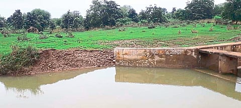 लाखांदूर : परसोडी शिवारातील फुटलेला बंधारा. 