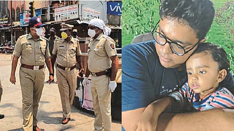 जालना शहरात कोरोना बंदोबस्त पाहणी करताना पोलिस अधीक्षक चैतन्य एस. दुसऱ्या छायाचित्रात विराजसोबत. 