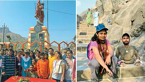 1) जुन्नर - ‘मेक माय ड्रीम फाउंडेशन’ने आयोजित केलेल्या शिवनेरी चढण्याच्या उपक्रमात सहभागी झालेले दिव्यांग व त्यांचे मदतनीस. 2) दोन्ही पाय नसताना शिवनेरीवर जाण्यात यशस्वी झालेला आकाश पवार.