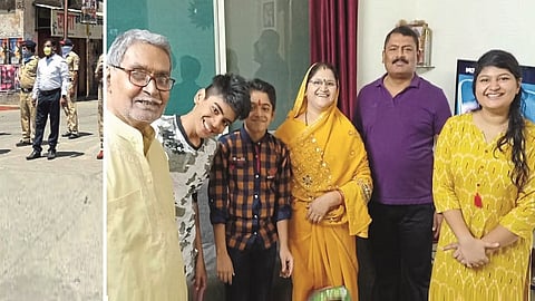 जालना ः बंदोबस्त करताना स्थानिक गुन्हे शाखेचे पोलिस निरीक्षक राजेंद्रसिंह गौर. (दुसऱ्या छायाचित्रात) आपल्या कुटुंबासह श्री. गौर. 