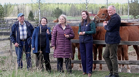 Kansanedustaja Hanna Holopainen, oikeusministeri Leena Meri ja kansanedustajat Hilkka Kemppi ja Teemu Kinnari tutustuivat Kari-Markku Karjalaisen (vasemmalla) hevostilaan.