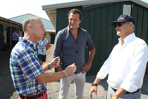 Jimmy Takter kertoi Victor Gion mahtavista harjoituksista ennen Hambletonianin karsintoja omistajille Antonia Sommalle ja Ruotsissa eläinlääkärinä työskentelevälle Pietro Dimitrille. Kuva: Totofoto