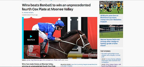 Winxin satumainen voittoputki jatkui Melbournessa lauantaina ja australialainen ABC verkkosivu oli ensimmäisten joukossa kertomassa historiallisesta neljännestä täysosumasta Cox Plate -kilpailussa.