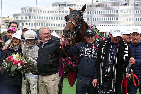 Hymy oli herkässä Elitloppet-voittaja Dijonin taustajoukoilla. Kuva: Jarno Unkuri.