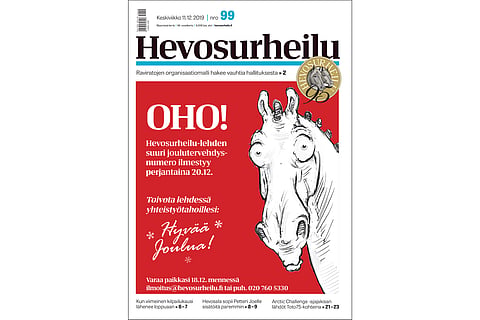 Keskiviikon Hevosurheilussa käsitellään eläköityviä hevosia. Kannen mainos: piirros Leena Alérini.