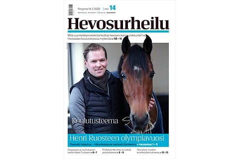 Henri Ruosteella on kaksikin mahdollista hevosta Tokioon. Tänä viikonloppuna testissä on Kontestro DB. Kannen kuva: Leena Alérini.