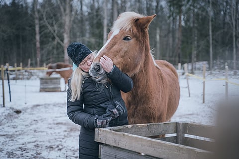 Leena Meri on huolissaan suomenhevosrodun säilymisestä. Kuvassa Leena Meri ja Fanni.
