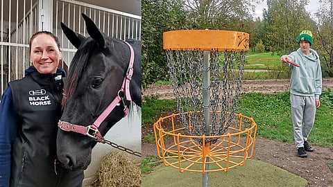 Marinka Salminen on Austinin vierellä sitä mieltä, että yhteiselo frisbeegolfaajien kanssa toimii. 
Talin Tallaajien ylläpitämällä 1999 perustetulla kentällä on noin 700 metriä hevosten treenitietä, jolla frisbeekiekot todennäköisimmin voisivat lentää treenitielle. Treenitie kiertää väylää ja koria numero 11, jonne Eero Taskila on puttaamassa.