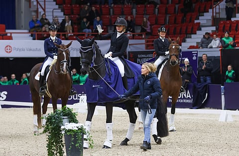 Grevens Zorro ja Anna Tallberg, hoitamassa esteratsastajasisko Emma Tallberg. 