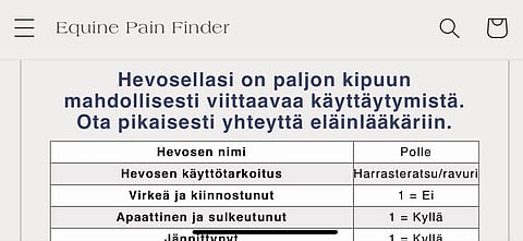 270 kysymystä sisältävän patteriston tarkoitus on auttaa eteenpäin sen arvioimisessa, onko hevosella mahdollisesti kipua.  Toimittajan "Polle"-testihevosella on.  