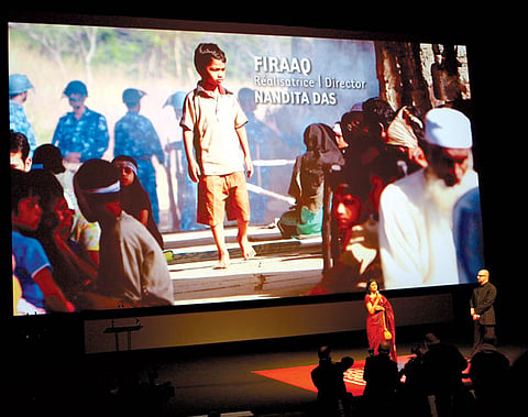 Director Nandita Das speaks to the audience at the screening of her film Firaaq at the 2009 Deauville Asian Film Festival.

