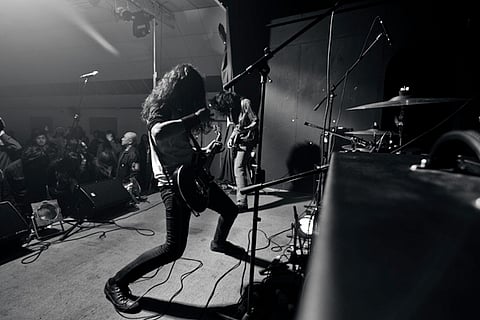 Symbol of Orion playing at Maha Shivaratri rock night, Harrow Football Club, London, April 2013.
Image: Mani Rai
