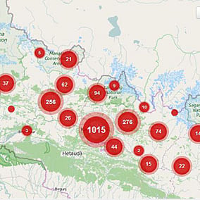 An interactive map in Quakemap.org showing the number of reports originating from earthquake-hit areas.