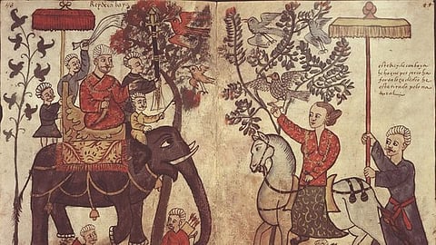 The king of Cambay (in present day Gujarat) from “Figurae variae Asiae et Africae," a 16th-century Portuguese manuscript in the Casanatense Library in Rome. 
Photo: Codex Casanatense 1889