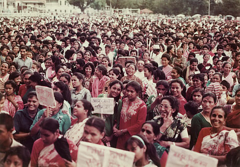 Women from all walks of life gather for a mass meeting in Kathmandu to submit a letter of protest to the government following the rape and murder of sisters Namita and Sunita Bhandari in Pokhara that rocked the country.  
Photo: Hisila Yami Collection/ Nepal Picture Library