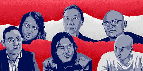 Theurang (aka Tashi Rabten), Tsering Woeser, Go Sherab Gyatso (Gosher), Dhi Lhaden, Drukar Gyal (aka Druklo or Shokjang), Tragyal (Shogdung) [from top left to bottom right]. Illustration: Akila Weerasinghe / Himal Southasian