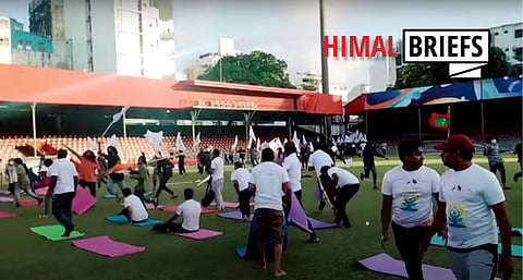 Mob storms yoga day event organised by the Maldivian government and the Indian High Commission at the Maldives national stadium. 21 June 2022. Screengrab: Crannofonix / Youtube. 