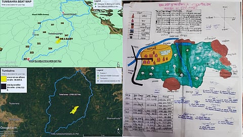 Digital counter-mapping and participatory rural appraisal maps. These maps point to how technologies developed at the behest of the state, empire and capital can be claimed by Adivasi communities to assert local autonomy. Photo courtesy: Harish Netam and Varun Sharma 