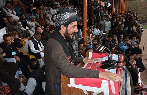 Manzoor Pashteen speaking at a Pashtun Tahafuz Movement rally. During the PTM's first, seismic protests in 2018, a chant emerged and became an anthem for thousands of disenchanted Pashtun youth. The words articulated helplessness, frustration and collective loss, but nestled within was also a fierce desire for freedom. In this, the anthem illustrated an intense thematic shift in Pashtun poetry over the last 10 to 15 years, going from the subjects of love, mysticism and beauty that earlier dominated the tradition to ones of war, oppression and a longing for peace. Photo courtesy: Voice of America/Picryl