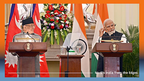 India’s prime minister Narendra Modi and Nepal’s prime minister Pushpa Kamal Dahal announce a hydropower deal in June 2023. New Delhi’s Nepal strategy under Modi has evolved to focus more on connectivity and less on Nepal’s internal politics. Photo: IMAGO / Hindustan Times
