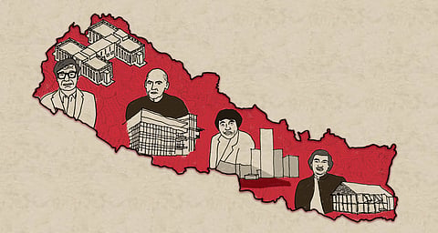 An illustrated outline map of Nepal in red against a beige background depicting four architects Louis I Kahn, Rem Koolhaas, Tadao Ando and Shigeru Ban (left to right) with buildings they designed in Nepal