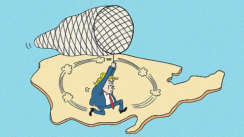 Cartoon of Donald Trump holding a net and running around a block of land. This cartoon is a response to Trump's executive orders impacting Southasia's refugees and migrants including the freeze on foreign aid after his being elected for a second time