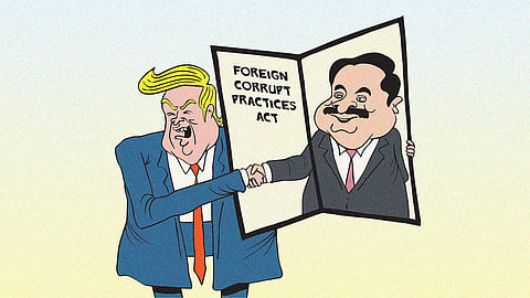 Cartoon of Donald Trump holding an open book with Gautam Adani on it. Trump and Adani are shaking hands. The book has the title 'Foreign Corrupt Practices Act' on it. This cartoon is about Trump suspending a US law which bans bribery of foreign officials, which could lead to a delay of legal proceedings against Gautam Adani, who was indicted under the law in November.